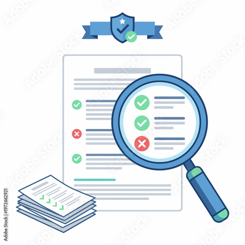 Illustration of a magnifying glass over a checklist document with verification marks, symbolizing fact checking and verification process with a blue shield and banner above on a white