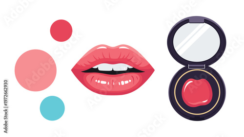 Beauty concept illustration features a pair of vibrant pink lips with white teeth next to an open red blush makeup compact case.