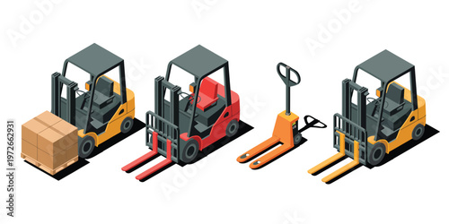 Forklifts and pallet jacks isometric set, vector illustrations of four different types of material handling equipment in 3D perspective, ideal for warehouse, logistics, and industrial design projects.