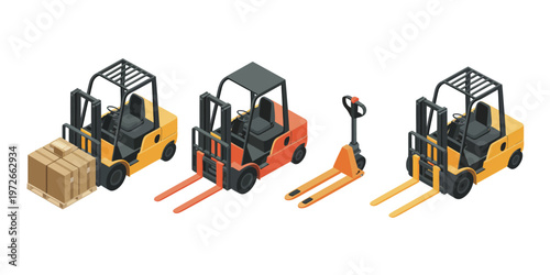 Isometric warehouse equipment vector collection, forklifts and pallet jacks in multiple styles, clean 3D illustrations suitable for supply chain, inventory management, and transport graphics.