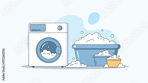 Front-loading white washing machine stands next to multiple laundry baskets overflowing with white soap suds in a domestic scene.