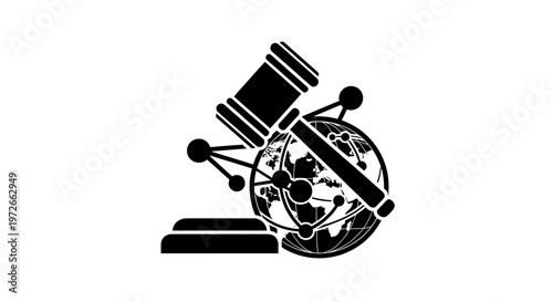 Black silhouette of gavel on globe.