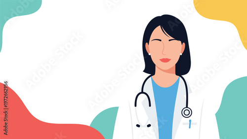 Portrait of a confident female doctor with short black hair wearing a white coat and a stethoscope over a light blue scrubs top.