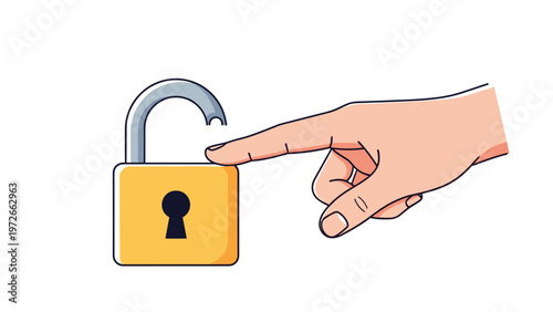 Human hand reaches out to touch or open a yellow padlock with a silver shackle that has been partially cut or broken through.