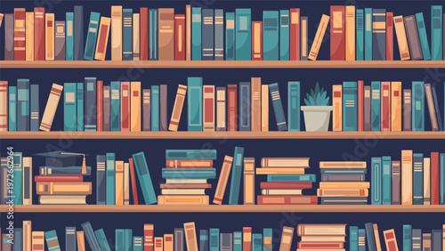 Seamless background pattern features rows of wooden bookshelves packed with colorful books of various sizes and a small potted plant.