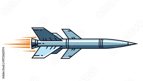 Powerful blue missile with sharp fins and glowing yellow exhaust flames propels forward horizontally through the air in a sleek vector style.