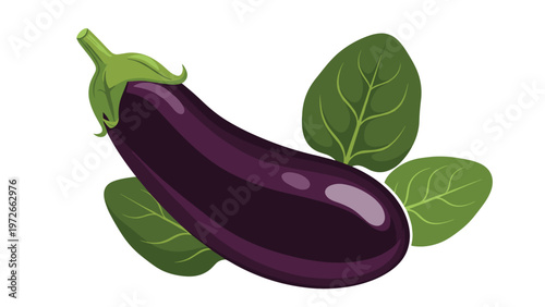 Ripe glossy purple eggplant with its green calyx is shown alongside three fresh green spinach or basil leaves for culinary concepts.