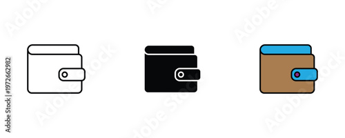 Classic leather wallet icon set in line art, solid black, and brown-blue color for financial savings, digital payment, and personal accessory concepts. Vector Illustration.
