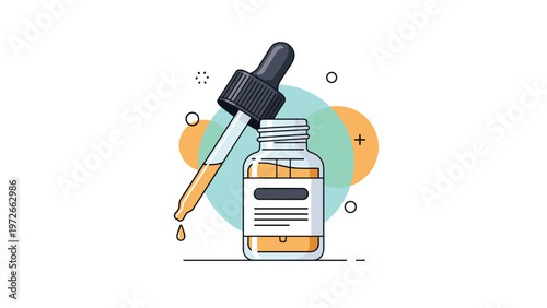 Glass apothecary bottle with a white label and orange liquid features a black dropper pipette releasing a single drop of essential oil.