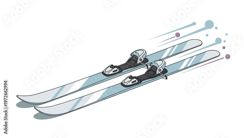 Pair of modern alpine skis with bindings is depicted in motion with abstract blue and purple speed lines against a white background.