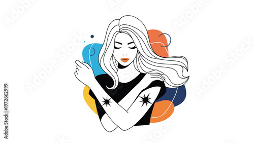 Young woman with long flowing hair and star tattoos on her arms poses peacefully against a backdrop of colorful abstract shapes.