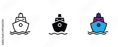 Ocean liner and cargo ship icon set in line art, solid black, and blue-purple color for maritime transport, cruise travel, and global shipping concepts. Vector Illustration.