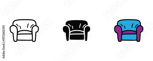 Comfortable armchair icon set in line art, solid black, and blue-purple color for living room interior, home relaxation, and furniture store concepts. Vector Illustration.