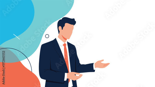 Confident businessman in a dark suit and orange tie gesturing with his hands during a professional business presentation.