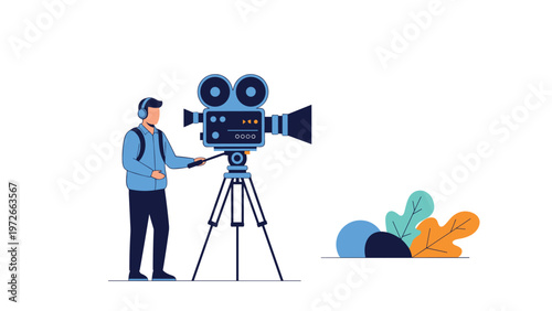 Professional filmmaker operating a vintage movie camera on a tripod next to colorful abstract plant leaves illustration.