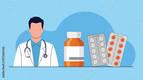 Medical professional avatar in a white coat with a stethoscope next to a bottle of pills and medicine blisters on blue.