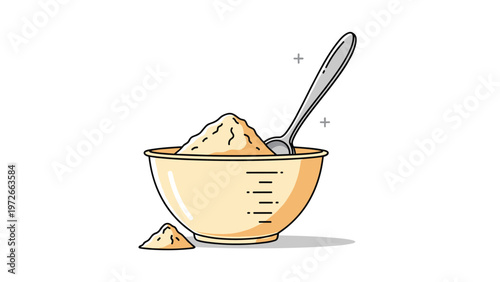 Minimalist vector illustration of measuring bowl containing light brown protein powder or flour with metal spoon against white background.