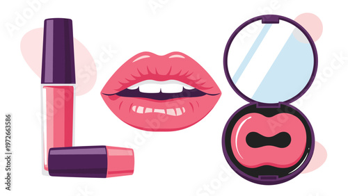 Vibrant makeup illustration set featuring open pink lips with white teeth alongside lip gloss tubes and a compact mirror with lip balm.