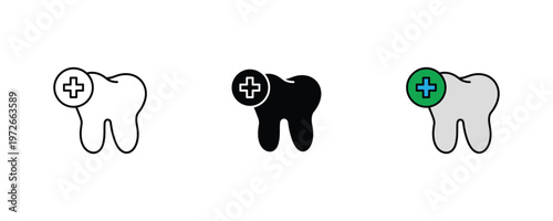 Dental tooth icon set with medical plus sign in line art, solid black, and green color for dentistry, oral health, and dental clinic concepts. Vector Illustration.