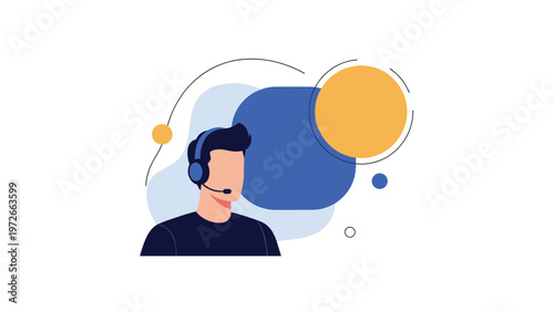 Friendly male customer service representative wearing a professional headset with a microphone for call center support.