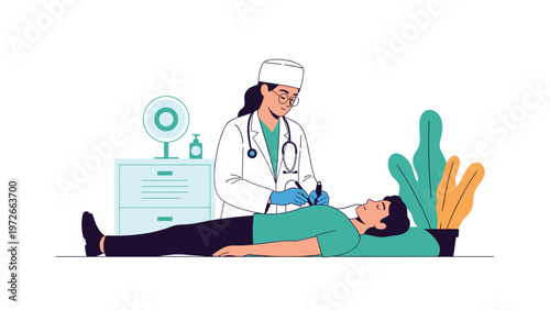 Professional female doctor performs a medical procedure on a male patient lying down in a modern clinic setting.