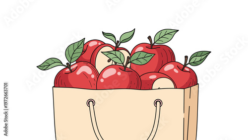 Paper shopping bag filled with several ripe red apples and green leaves is shown in a colorful flat illustration.