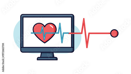 Medical monitor displays a red heart and a blue electrocardiogram pulse line extending beyond the screen frame.