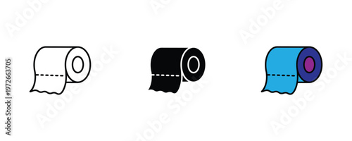 Toilet paper roll icon set in line art, solid black, and blue color for bathroom hygiene, sanitary supplies, and household essentials. Soft tissue symbols. Vector Illustration.