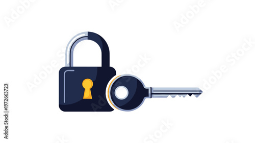 Dark blue padlock stands next to a silver metal key representing security, access, and data protection concepts.
