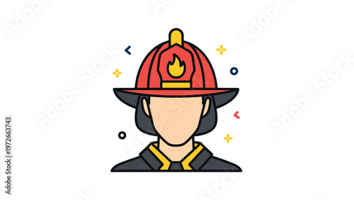 Firefighter avatar icon wearing a red helmet with a flame symbol and a protective uniform on white background.