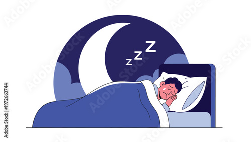 Tired man sits in bed crying while trying to sleep against a dark blue night sky with a bright crescent moon.