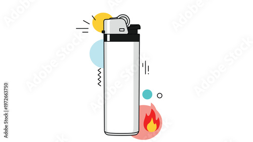 White disposable pocket lighter with a black top and silver spark wheel stands near an orange flame symbol.