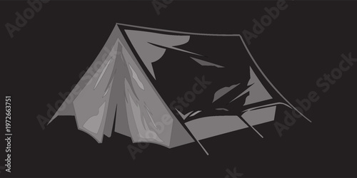 Classic vintage camping tent for trip journey travel adventure, on isolated white background. Retro booth camping and mountain exploring. Custom graphic print design vector engraving illustration.