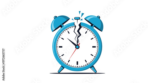 Blue alarm clock with a cracked glass face and lightning symbols represents a broken time or urgent deadline.
