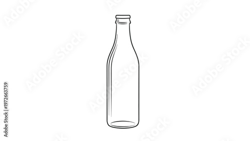 Simple black and white line art illustration of an empty glass bottle for milk or soda on white background image.