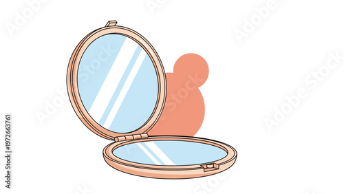 Open round makeup compact mirror in a rose gold casing is shown with abstract orange shapes in the background.