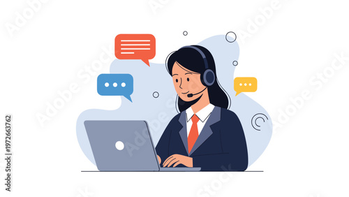Friendly female customer service representative works on a laptop with headsets and colorful speech bubbles.