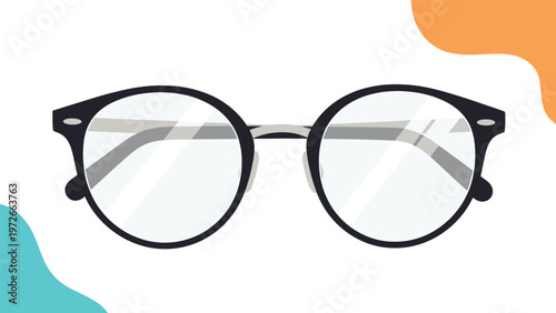 Classic round black framed eyeglasses with clear lenses are shown against a white background with shapes.