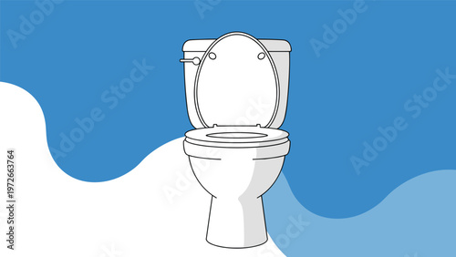White ceramic toilet bowl with an open lid is set against a wavy blue and white abstract background design art.