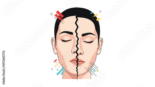 Female face is split in half by a jagged line representing a headache, split personality, or duality concept.