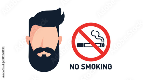 Bearded man avatar is shown next to a no smoking sign with a cigarette and a red slash circle on white background.