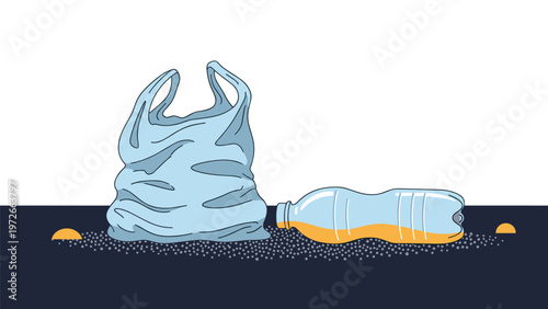 Plastic waste pollution shows a blue plastic shopping bag and a discarded water bottle on a dark ground surface.