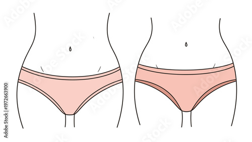Comparison illustration of two female figures focuses on the waist and hip area wearing pink undergarments for shape.