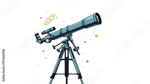 Professional astronomical telescope is mounted on a tripod and shown against stylized celestial bodies in the sky.