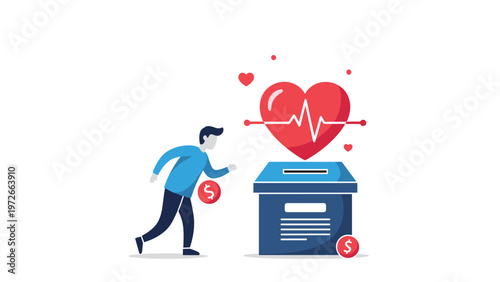 Person runs towards a donation box to contribute money while a red heart with a heart rate line floats above it.