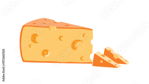 Large wedge of Swiss cheese with many holes is placed next to two smaller slices of cheese on a plain white background.