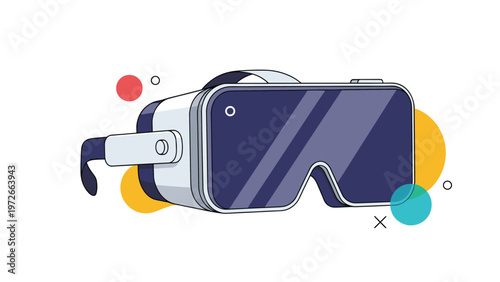 Modern virtual reality headset illustration features blue glass and colorful abstract shapes floating in the background.
