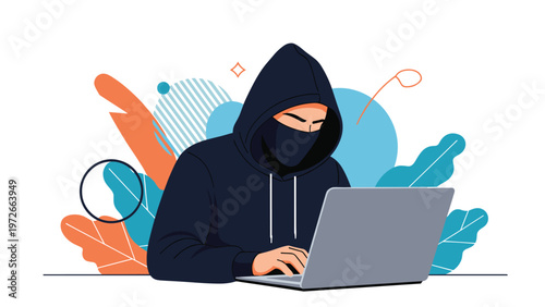 Anonymous hacker or cybercriminal wearing a black hoodie and mask types on a laptop against an abstract background.