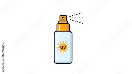 Sunscreen spray bottle icon with a yellow cap and a sun symbol on the label emits a fine mist spray for skin protection.