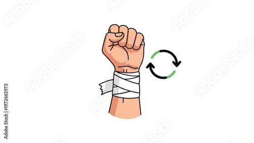 Human arm with a white bandage wrapped around the wrist is shown next to a circular arrow icon to represent recovery.
